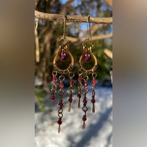 Garnet and Bronze Chandelier Earrings